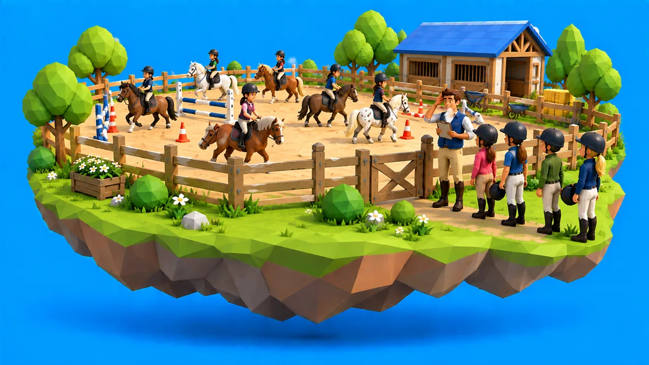 Horses in the arena: a fully booked riding school